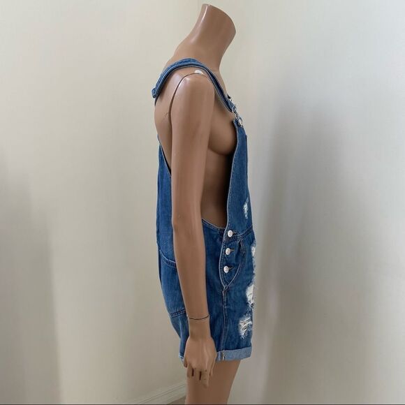 Mango Medium Wash Blue Denim Distressed Overalls M - Picture 5 of 10
